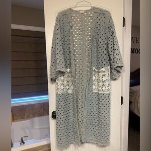 POL Light Blue Laser Cut Open-Front Cardigan with Lace